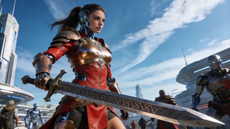 Low angle shot of a cyborg female warrior in brass armor holding an ornate rune sword in a futuri...