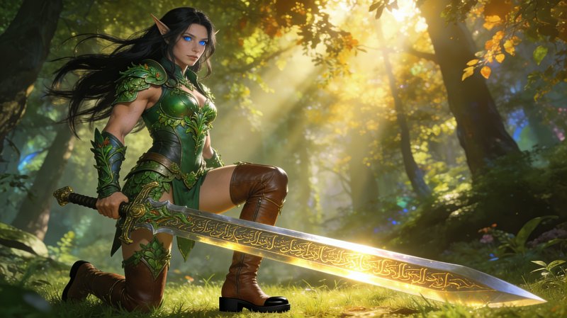 Powerful female wood elf warrior kneels with a glowing ornate greatsword in a sun dappled magical...