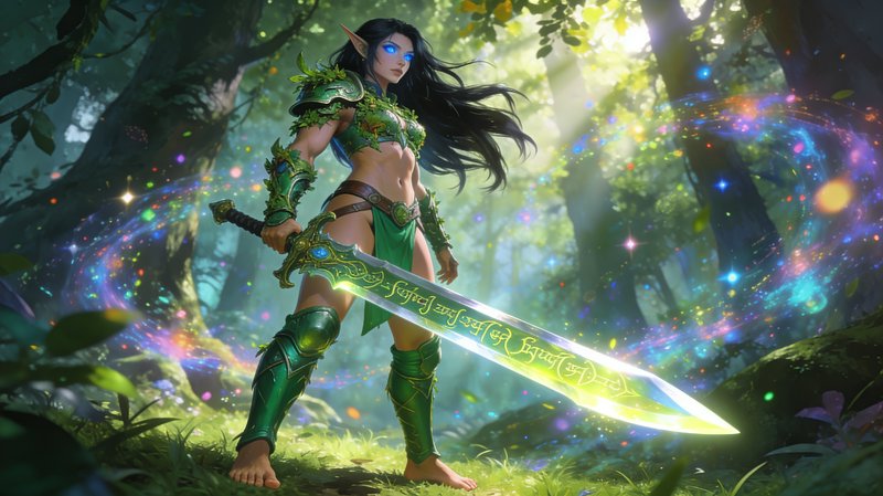 Female elf warrior in green nature armor holds a glowing rune sword standing in a sunlit enchante...