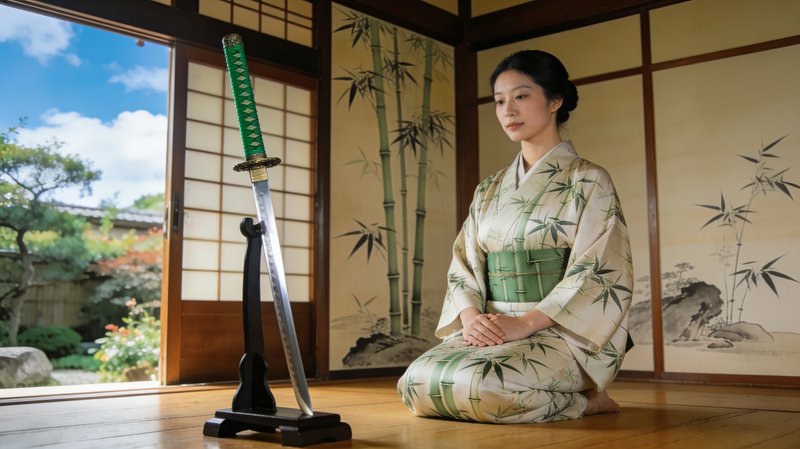 Woman in bamboo print kimono sits in formal seiza beside a displayed katana in a traditional Japa...