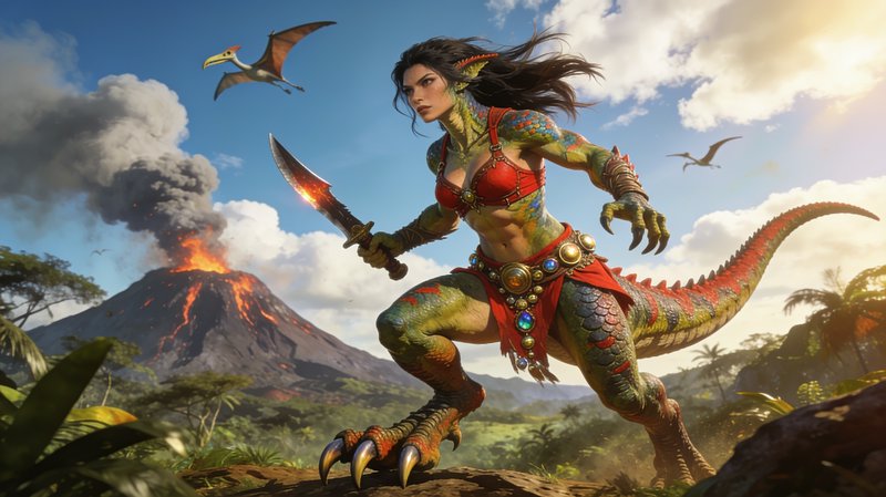 Fierce lizardfolk warrior woman holds a fiery enchanted blade, erupting volcano and pterodactyls ...