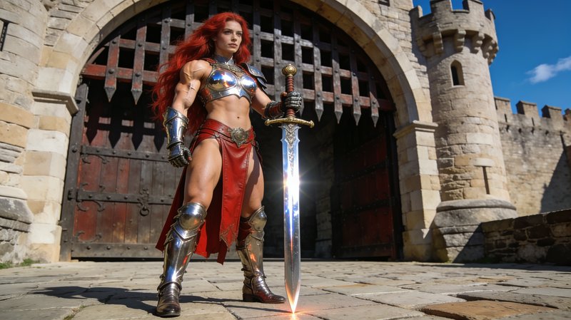 Muscular red-haired female warrior holds an ornate greatsword while standing before a medieval ca...
