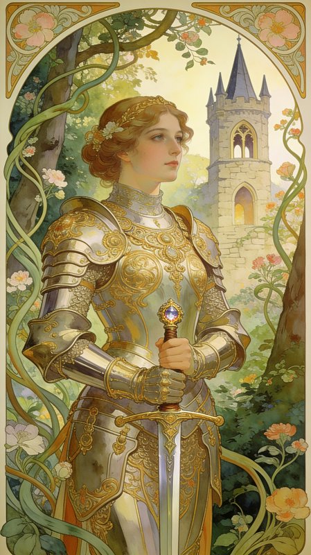 Female knight in ornate gilded armor holds a sword, framed by Art Nouveau florals with a castle t...
