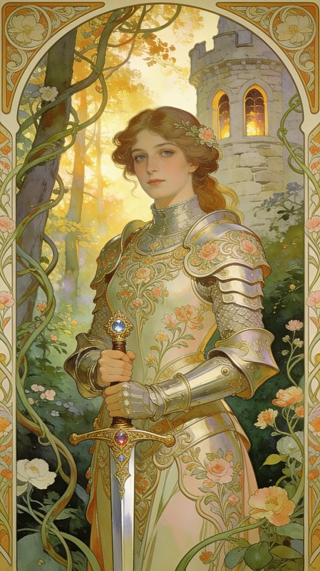 Art Nouveau illustration of a female knight in floral armor holding a jeweled sword near a sunlit...