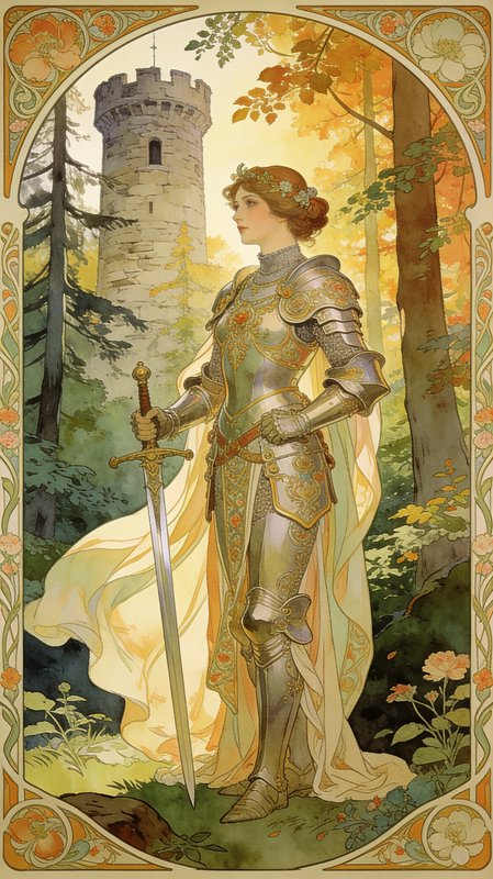Female knight in gilded plate armor holds a sword in an autumnal forest beside a stone tower, ren...