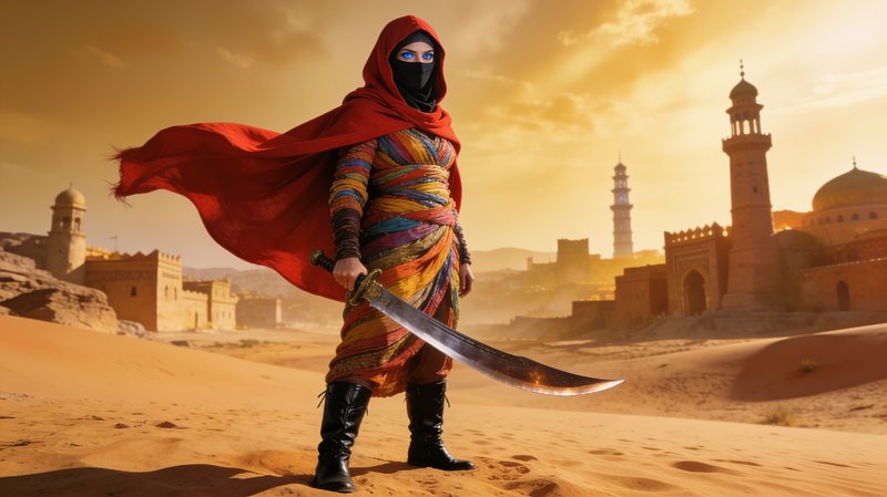 Hooded female desert warrior with glowing blue eyes holds a scimitar before an ancient desert cit...