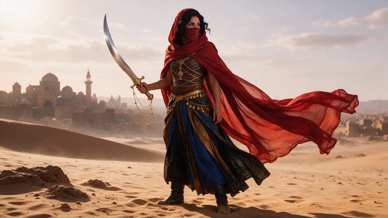 Female desert warrior in red veil holds an ornate scimitar standing on sand dunes before an ancie...