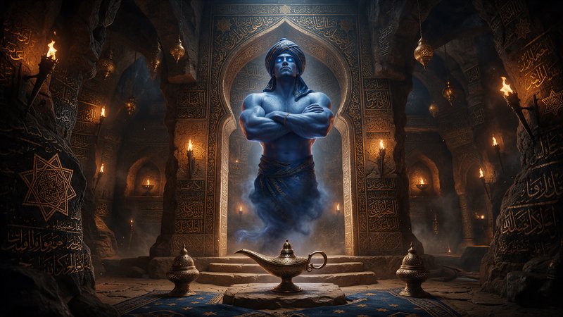 Blue muscular genie stands with crossed arms behind a brass magic lamp in an ornate torch-lit tem...