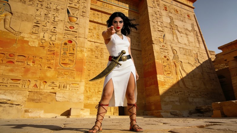 Fierce ancient Egyptian warrior woman points directly at the viewer standing before a carved sandstone temple