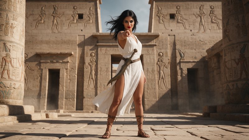Fierce female warrior in a white gown points directly at the viewer from an ancient Egyptian temple courtyard