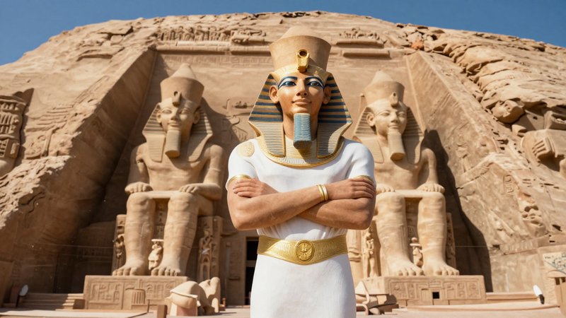 Person wearing a pharaoh headdress stands with crossed arms in front of Abu Simbel temple statues