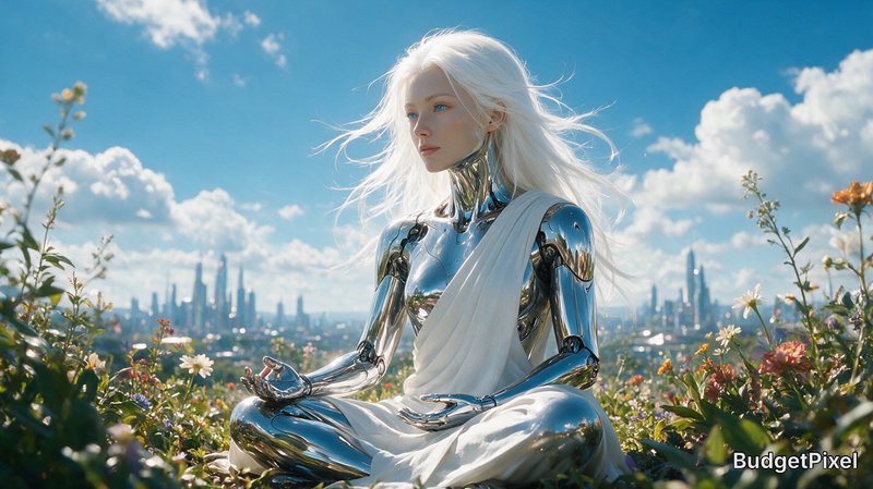 Chrome humanoid android with long white hair meditates in a wildflower meadow overlooking a futuristic city skyline