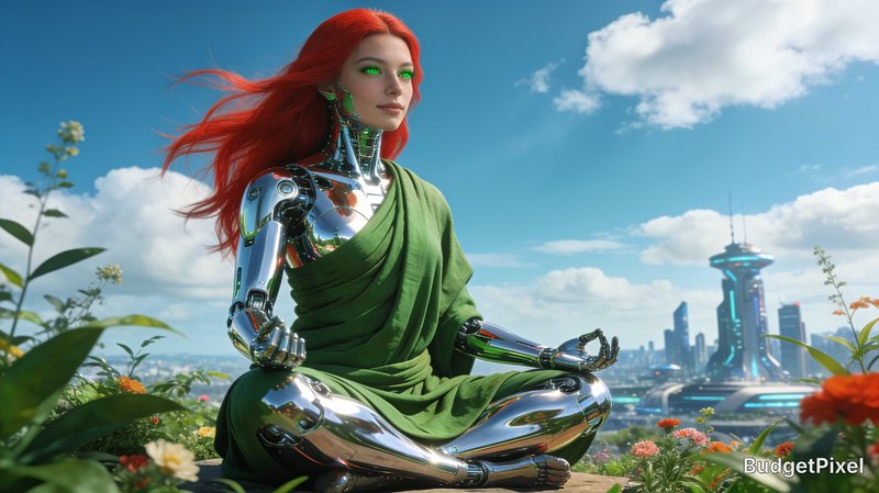 Red-haired female android meditating cross-legged above a futuristic city skyline