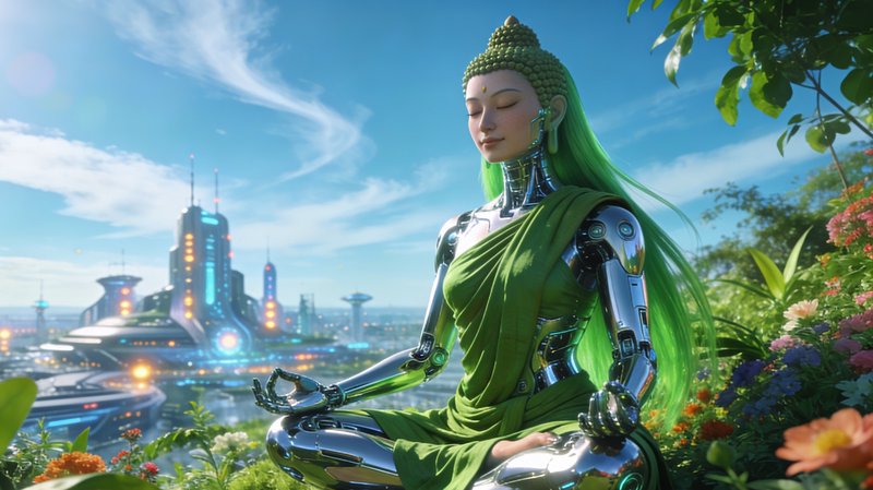 Cyborg Buddha meditates in a flowering hilltop garden overlooking a bright futuristic sci-fi city