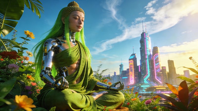 Cyborg Buddhist figure meditates in a flower garden overlooking a neon cyberpunk city at golden hour