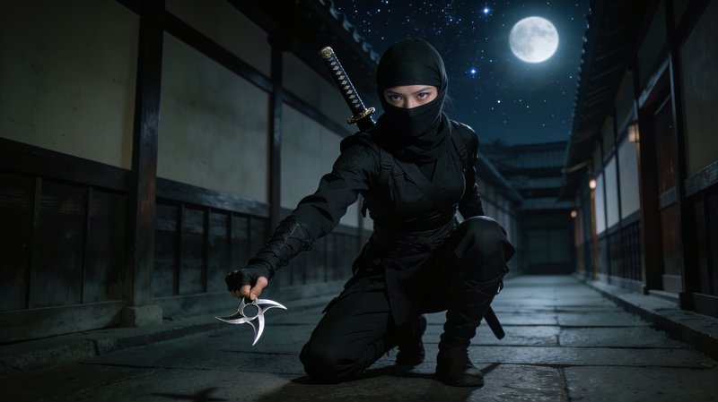 Masked ninja crouches holding a shuriken in a traditional Japanese alley under a glowing full moon
