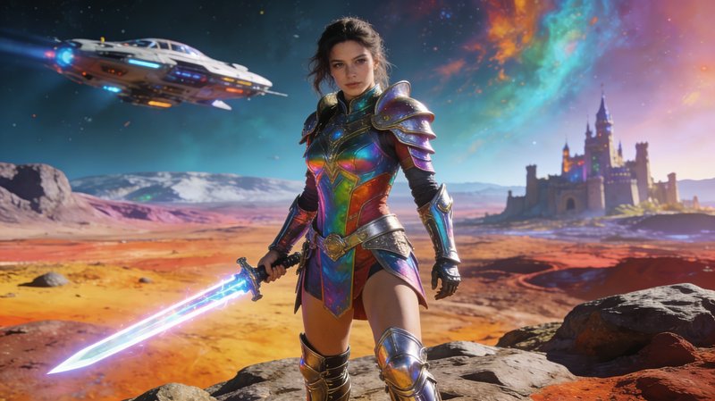 Female knight in iridescent armor holds a glowing sword on an alien world with a spaceship and fa...