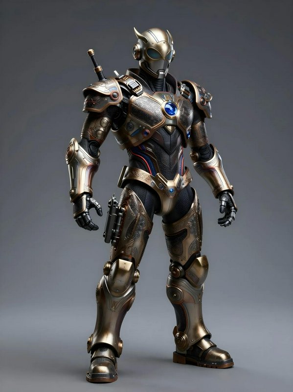 Ornate golden steampunk power suit robot stands against a plain neutral gray studio background