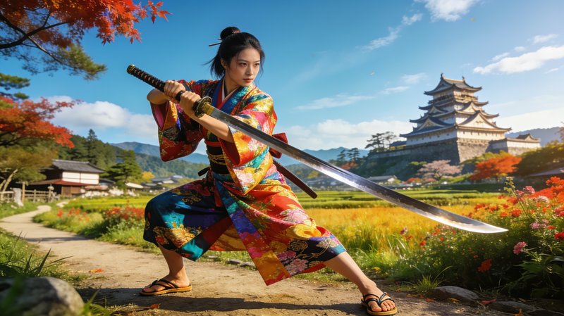Female samurai in a colorful kimono holds a drawn katana in battle stance near a Japanese castle.