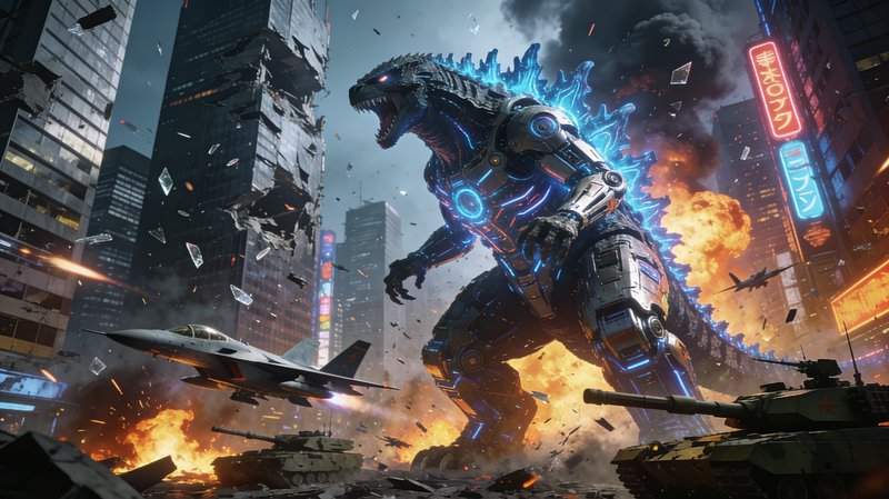 Cybernetic Mecha Godzilla battles military forces amid a burning destroyed neon Tokyo cityscape