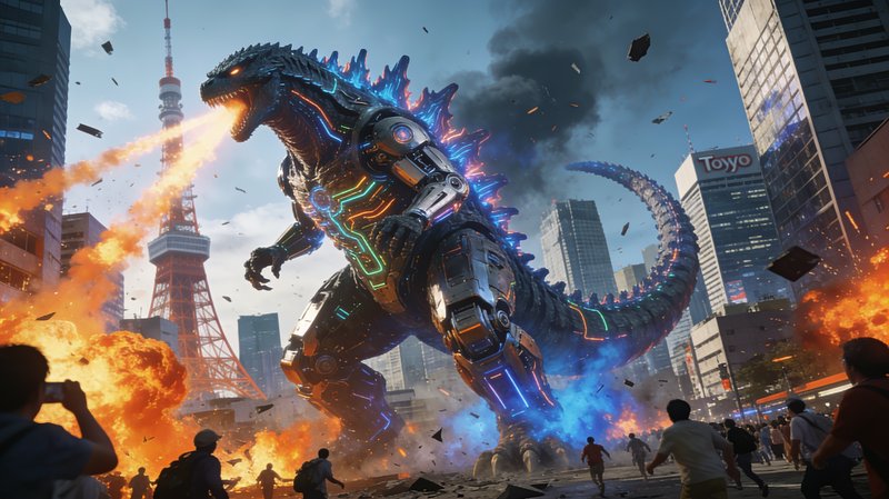 Cybernetic mecha Godzilla fires atomic breath while rampaging through downtown Tokyo as civilians flee