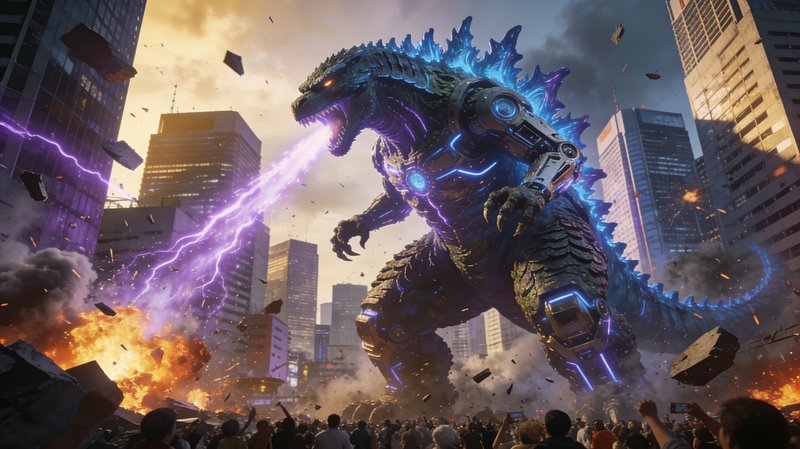 Cybernetic mecha Godzilla unleashes purple atomic breath while rampaging through a modern city skyline