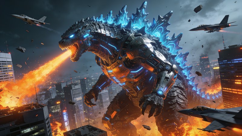 Cybernetic mecha Godzilla breathes fiery atomic breath as fighter jets swarm over a burning city skyline