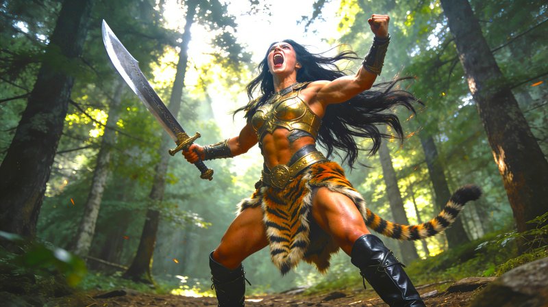 Muscular barbarian female warrior shouts triumphantly while holding a curved sword in a sunlit fo...