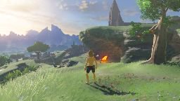 In-game character runs across a grassy cliffside toward a campfire with distant mountains.