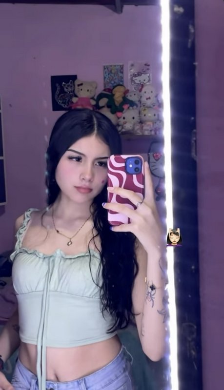 Young tattooed woman takes a mirror selfie in a cozy pastel bedroom lined with Hello Kitty plushies