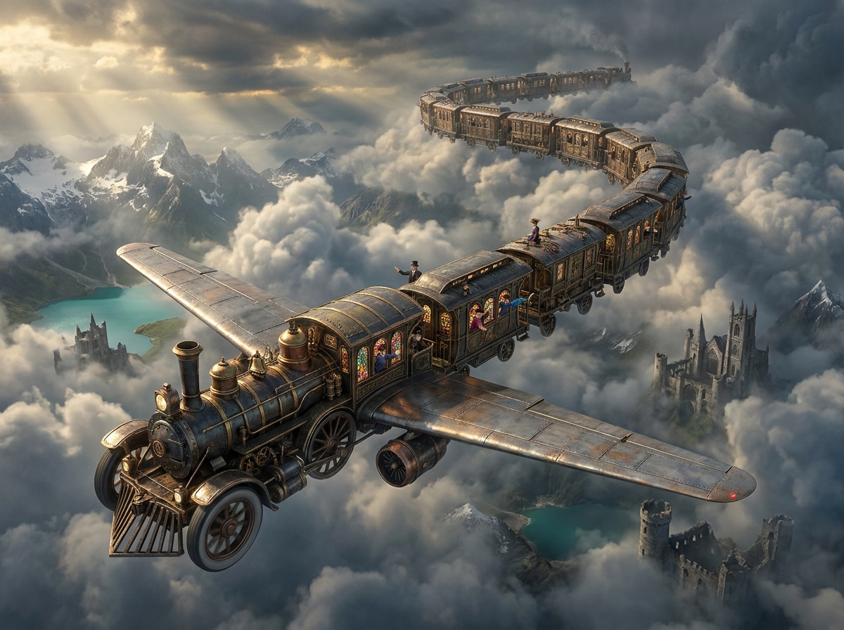 Steampunk passenger train flying through cloudy sky above mountains and castles