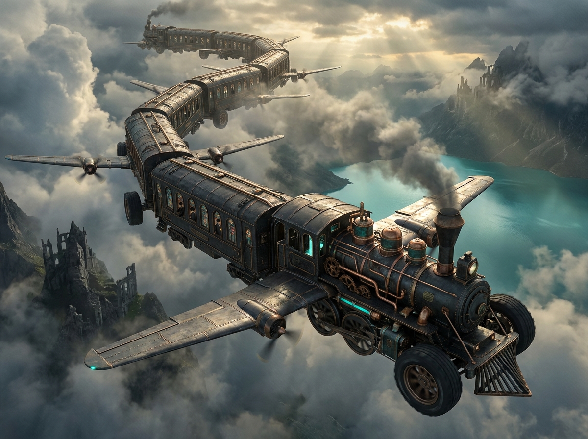 Steampunk flying train gliding through cloudy skies with connected carriages.