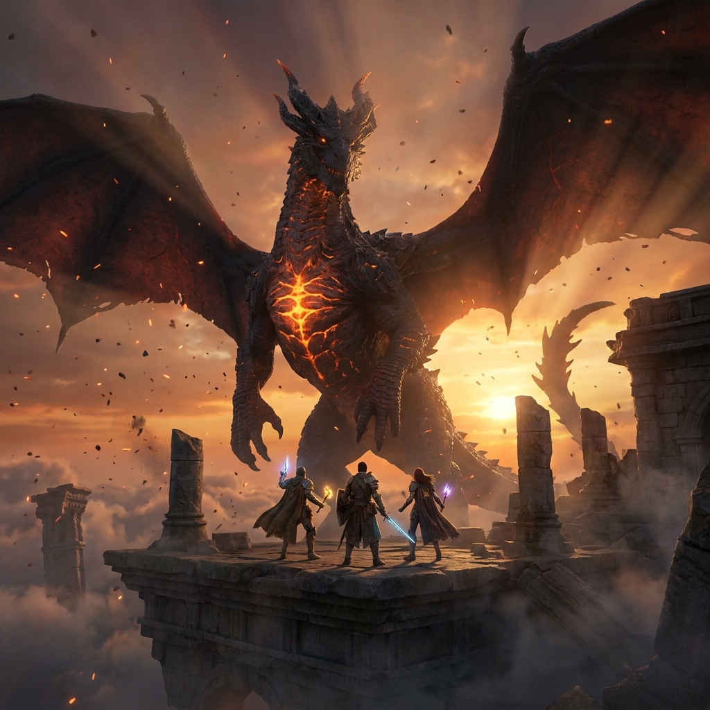A colossal fiery dragon looming over three adventurers on a ruined stone platform at sunset.