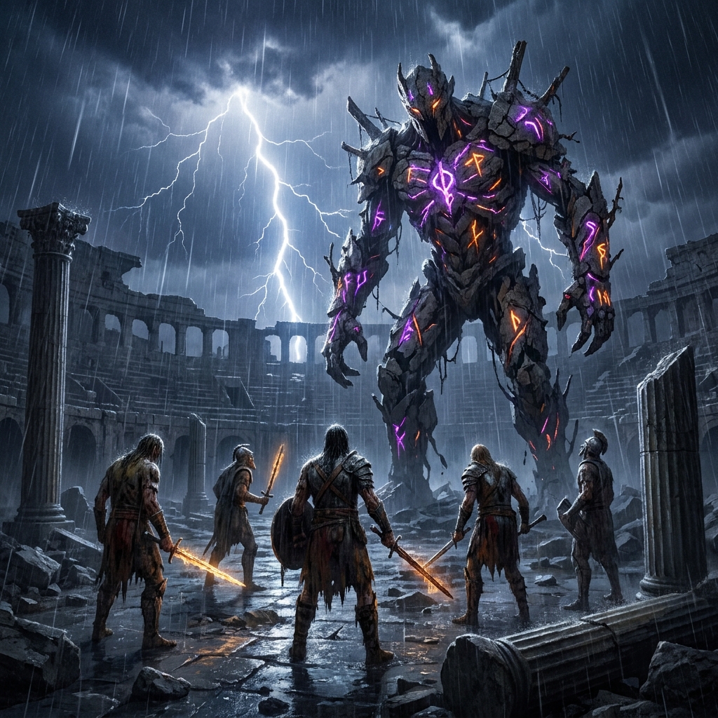 Mighty armored titan with glowing runes looms over five warrior b fighters in a thunderstorm ruins arena.