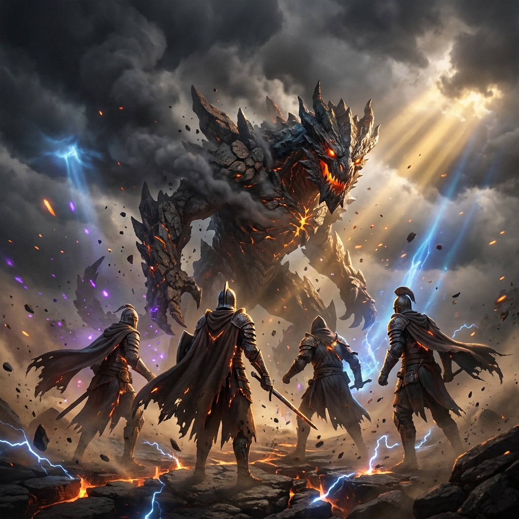 Four armored knights face a colossal fiery dragon on a stormy battlefield.