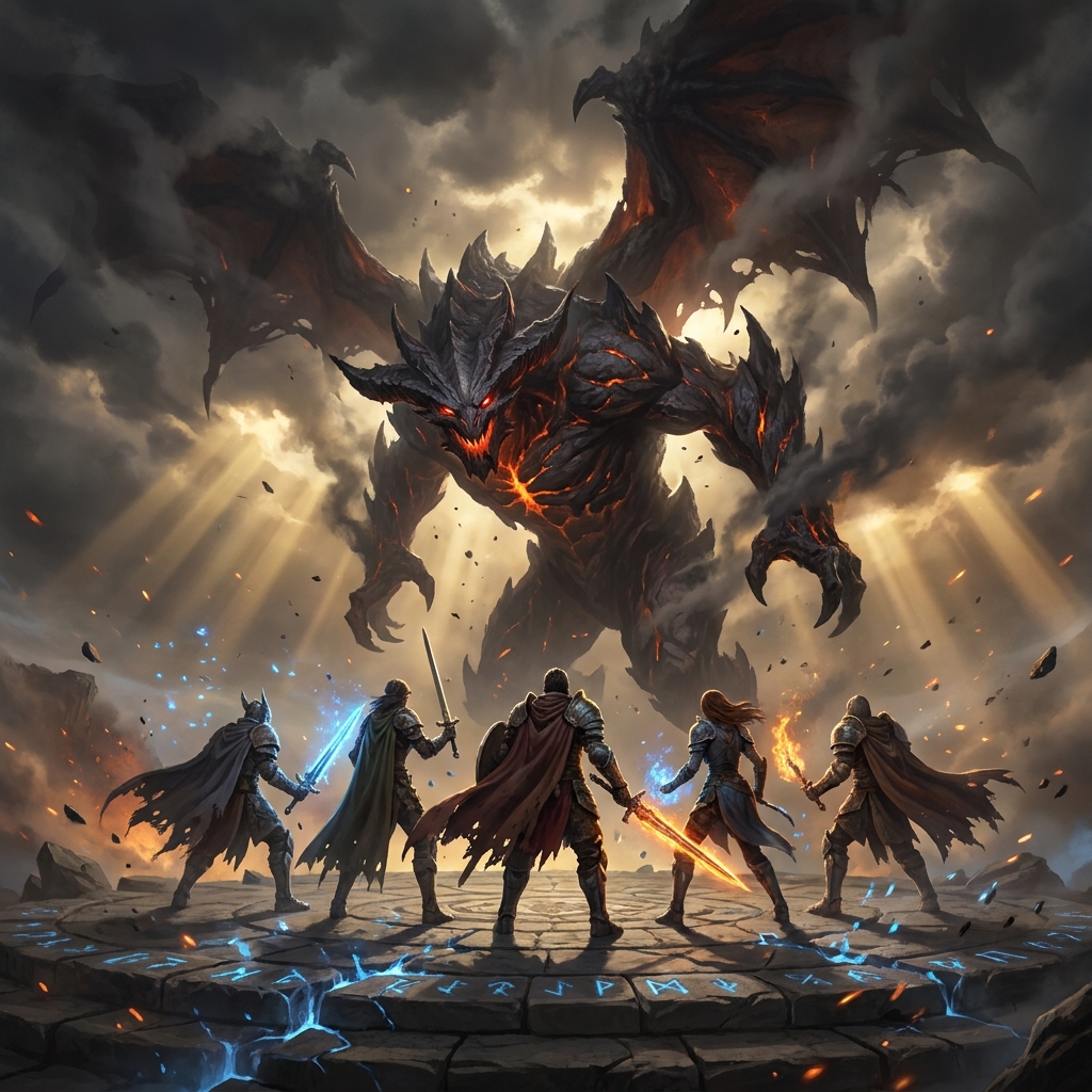 Dark armored warriors face a massive fiery demon on a cracked stone platform with glowing runes.