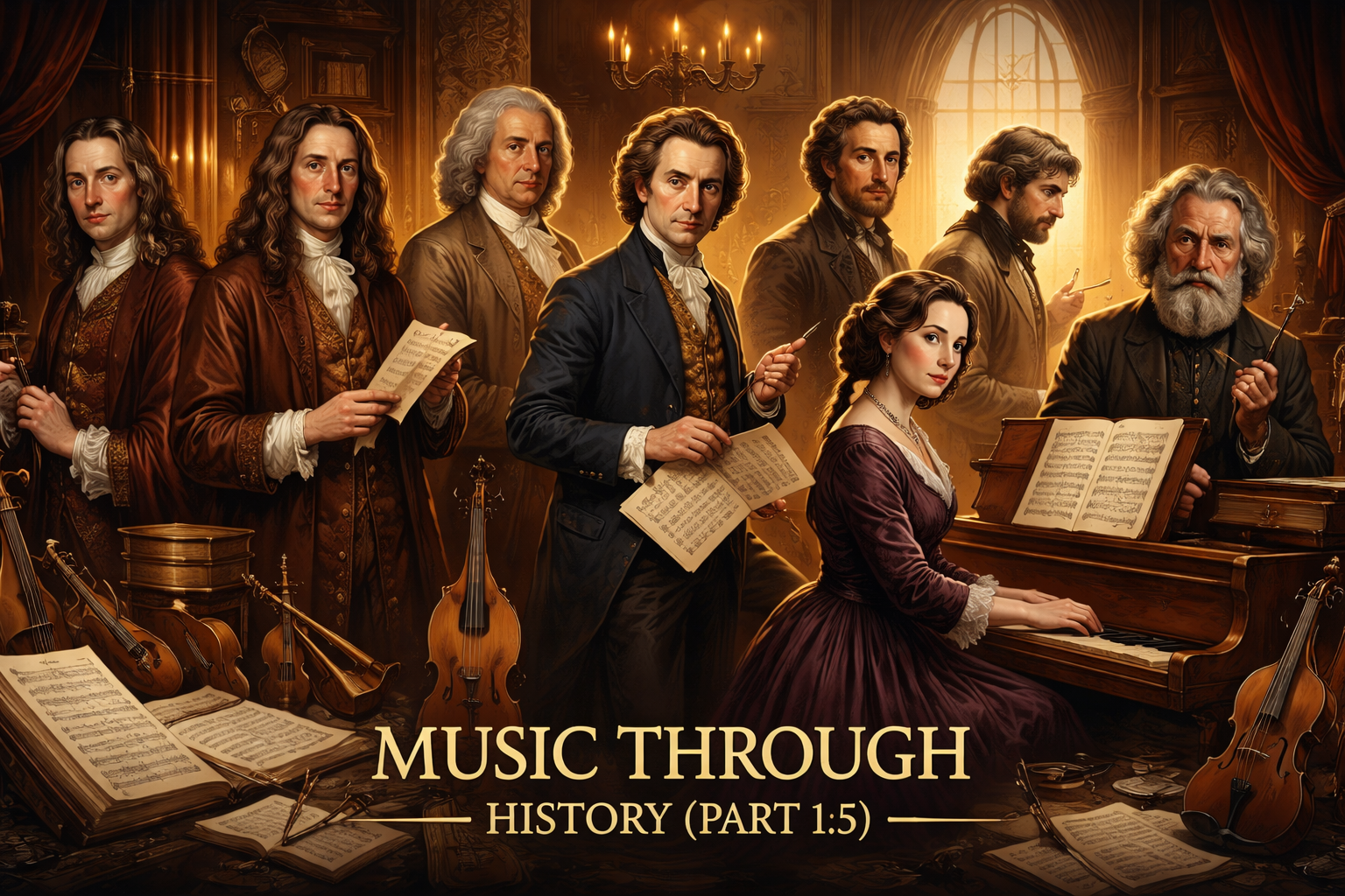 A group of classical composers in 18th-century attire gathered around a grand piano in a warm, ornate room.
