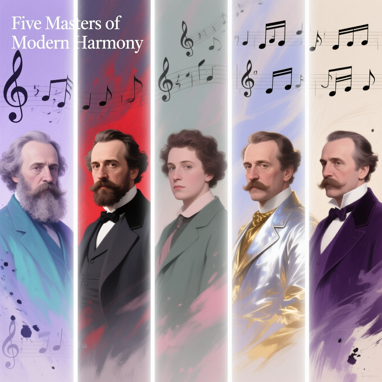 Five stylized portraits of male composers in colorful vertical panels with musical notes