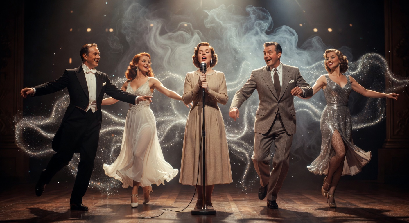 Vintage 1940s-style singers performing on a stage with dancers and smoky glow.