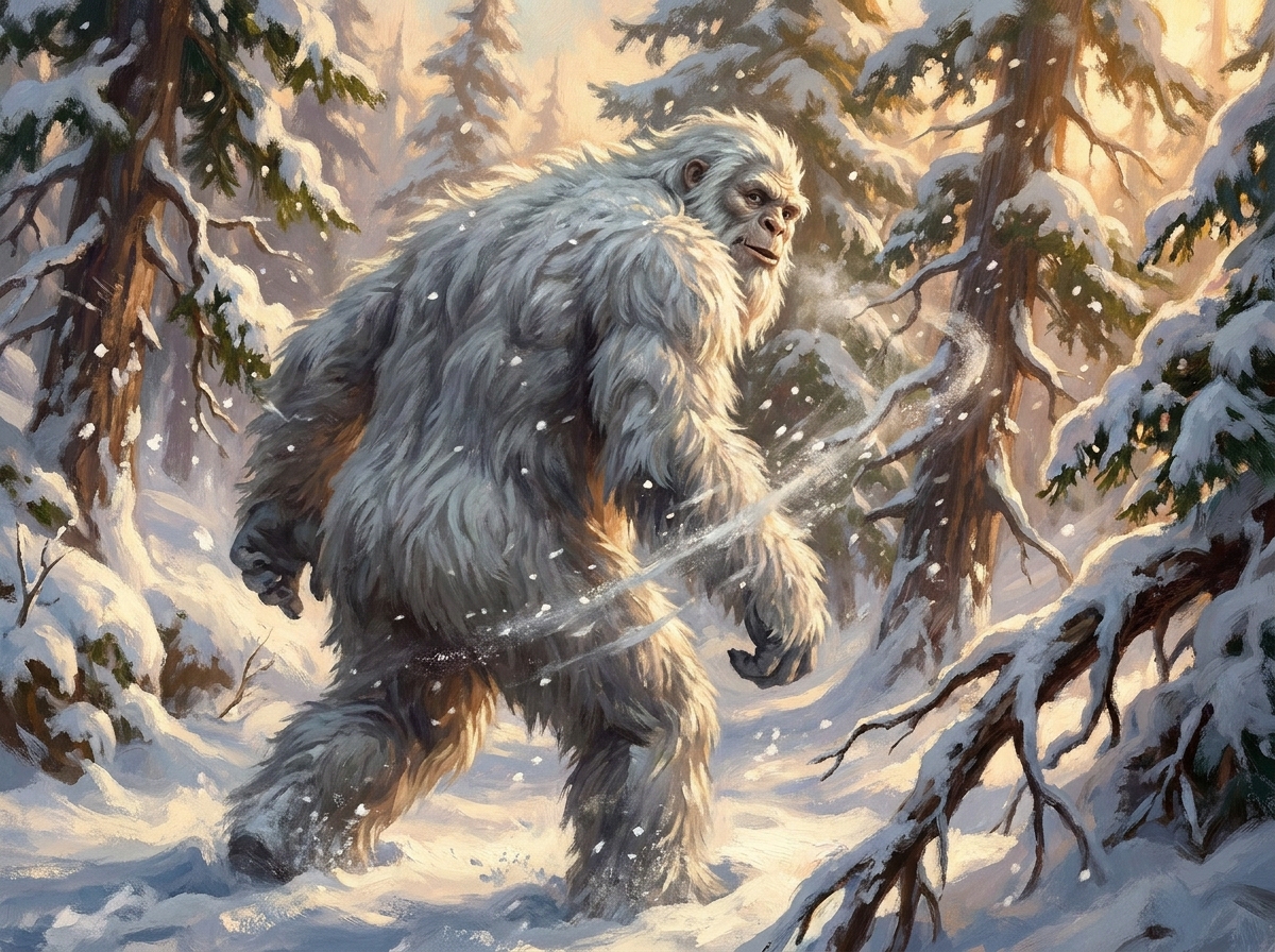 Abominable Snowman trekking through a snowy pine forest.
