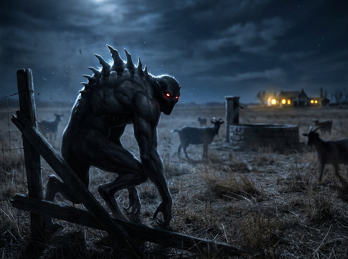 Dark spiked werewolf with glowing red eyes by a broken fence at night.