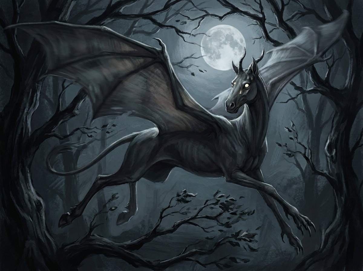 Moonlit gothic dragon soaring through a dark, bare-branched forest beneath a full moon.