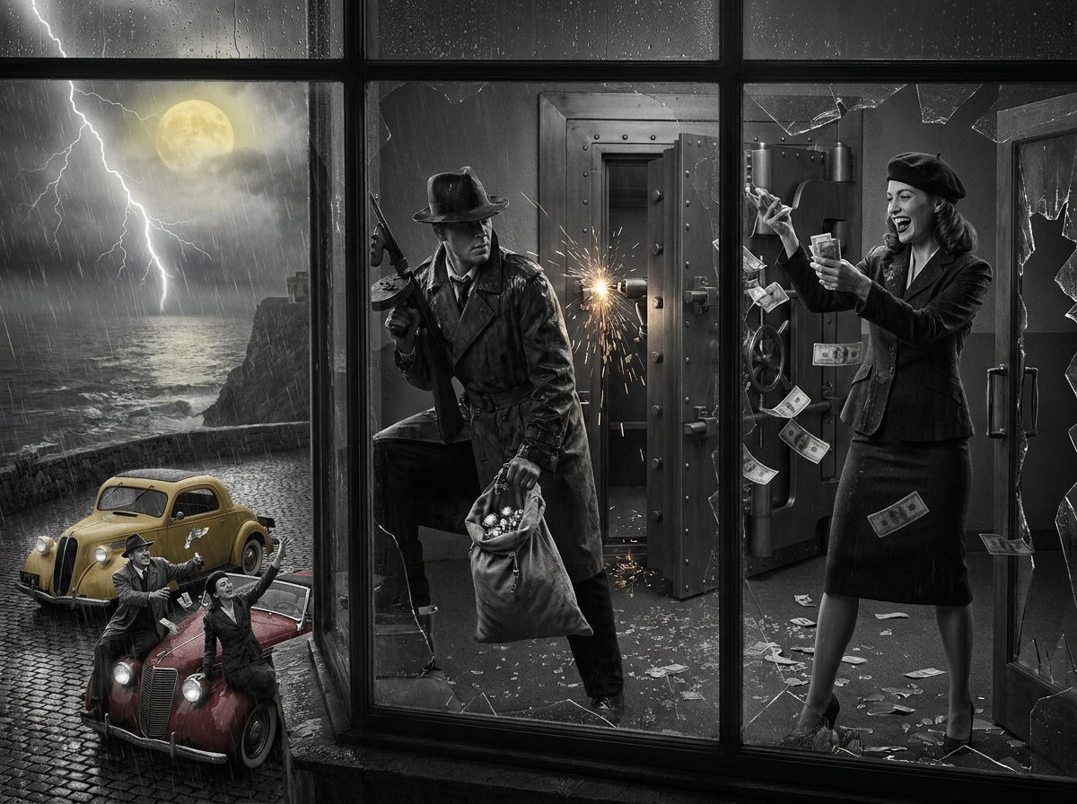 Noir bank robbery scene through a window with a robber, a celebratory woman, money flying, stormy coast outside.