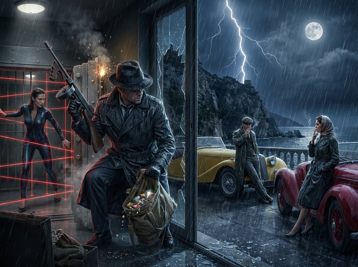 Noir-action scene with a trench-coat detective, laser grid, and vintage cars in a rainy, moonlit heist.