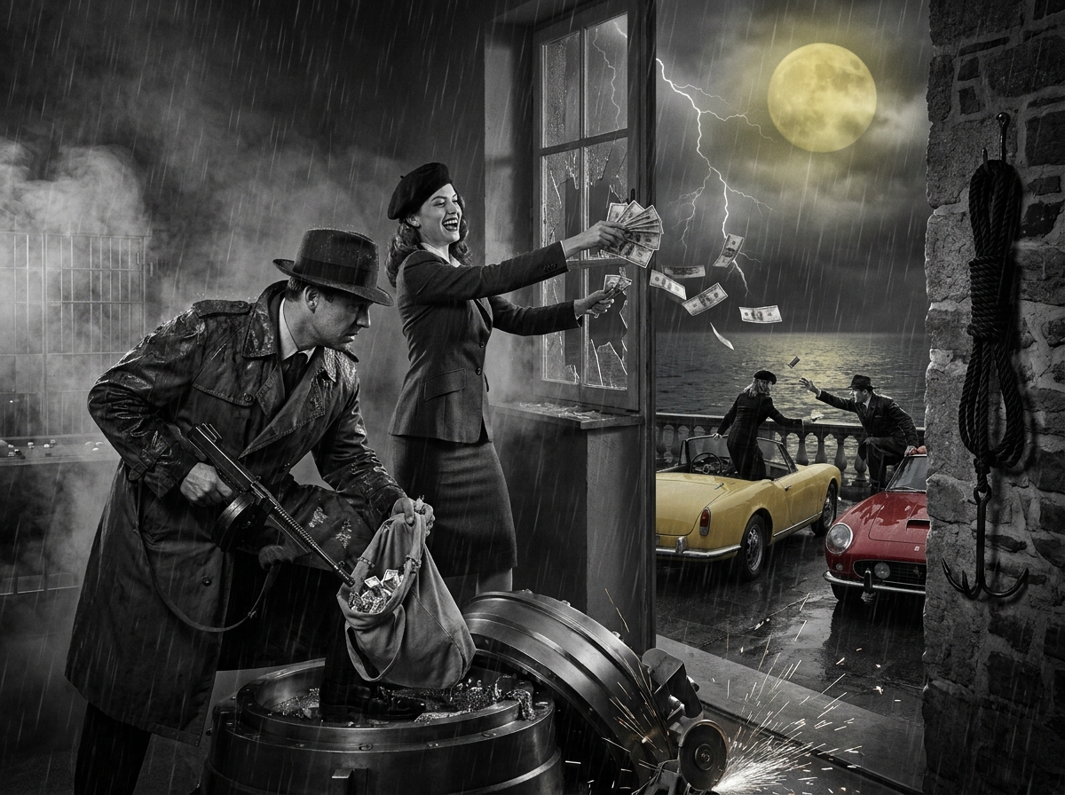 Black-and-white noir scene of a heist with a woman tossing money from a window while a man with a gun loots a barrel.