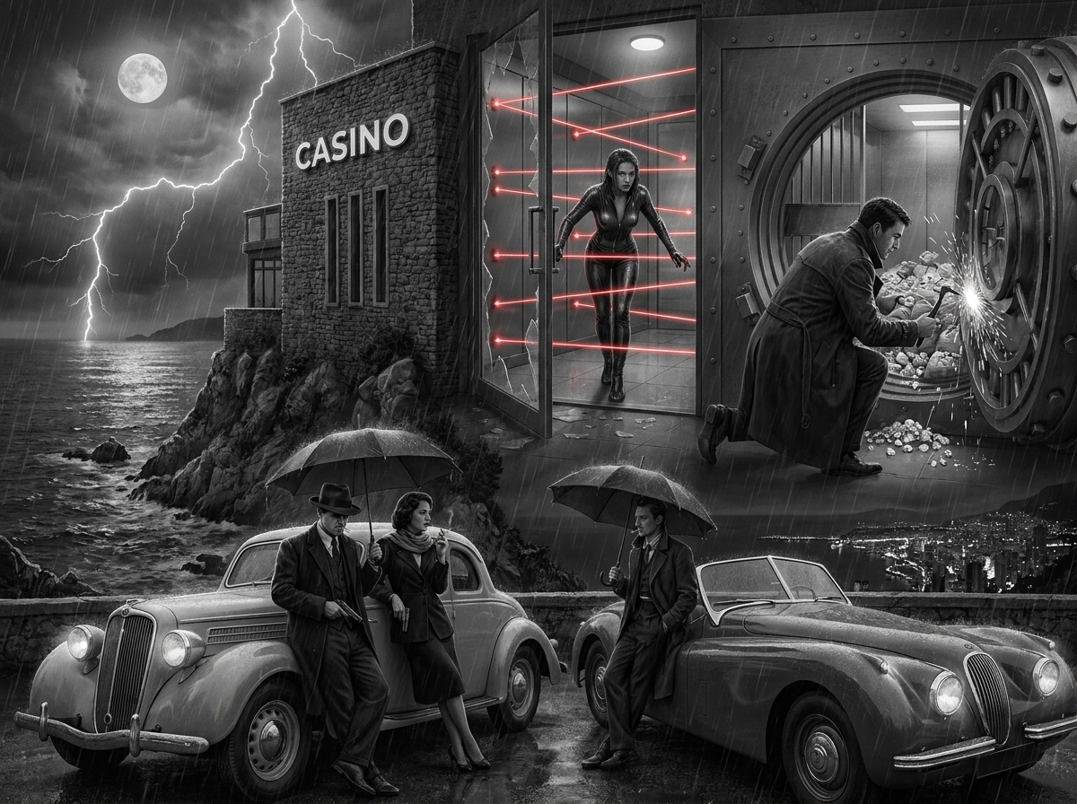 Stormy black-and-white noir collage showing a casino on a cliff, vintage cars, an open vault, and figures in rain with umb...