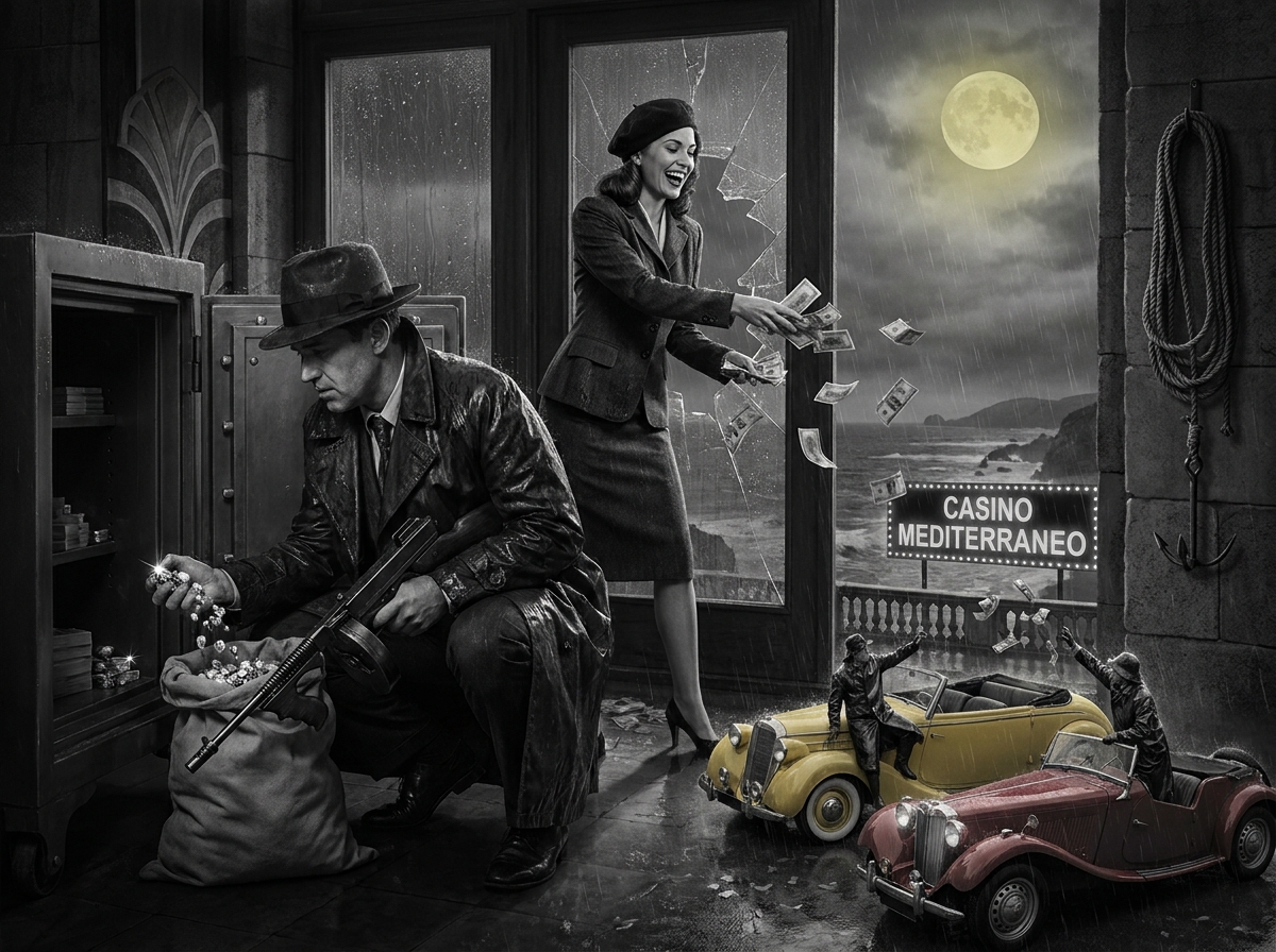 Noir-style scene with a gangster by a safe, a smiling woman tossing money, and yellow/red vintage cars outside a casino.
