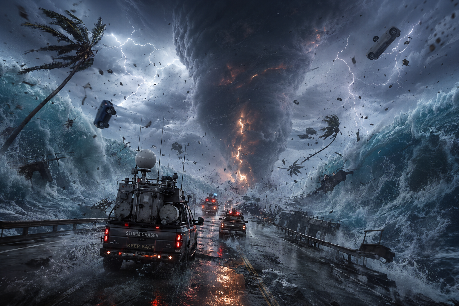 Coastal storm-chase scene with a massive tornado over the ocean, crashing waves, and emergency vehicles on a flooded highway.