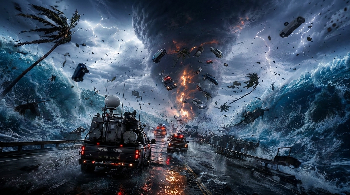 Coastal highway engulfed in a colossal storm with flying debris, cars, and palm trees as a fiery tornado roars above.