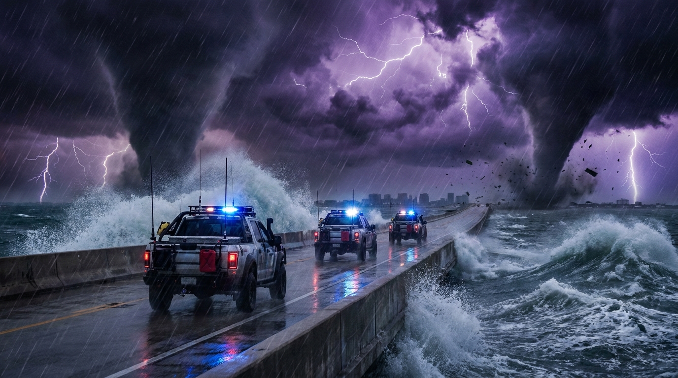 Coastline patrol in stormy seas with lightning over a seawall at night.